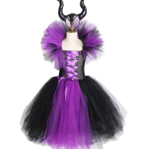 Girls Witch Queen Tutu Tulle Dress with Horns Halloween Cosplay Witch Costume for Kids Fancy Party Dress Children Clothes 2-10yr