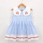 New Summer Embroidery Cherry Turn-down Collar Sleeveless Striped Dress Cotton Infant Princess Dress Toddler Girls Clothes