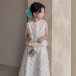 Ins Baby Girls Summer 2PCS Clothes Set Sweet Sleeveless Lace Argyle Tees Outfit Thin Two Layer Gauze Belle Girl Long Skirt Suits