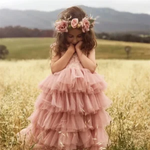 Little Girls Summer Dress for Kids Princess Birthday Party Gown Lace Sling Tutu Wedding Children Dresses Vintage Floral Clothes