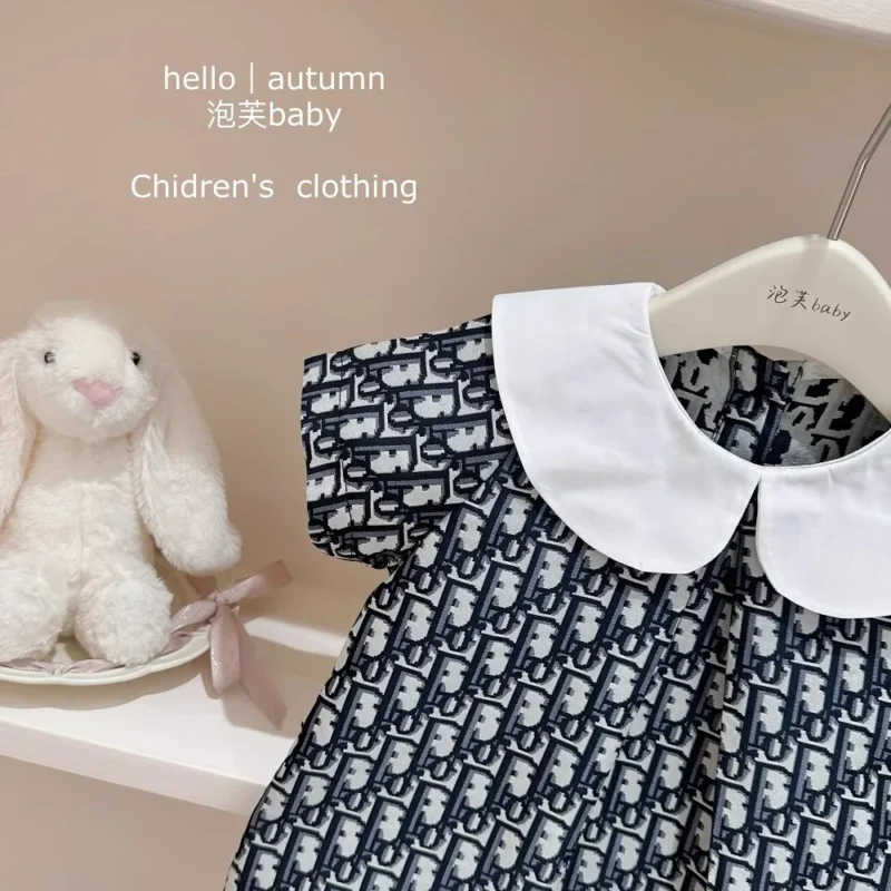Children's Set Girls' Top High Set Series Girls' 2024 Summer Big Brand Feeling Doll Neck Jacquard Flip Collar Dress dresses - Image 3