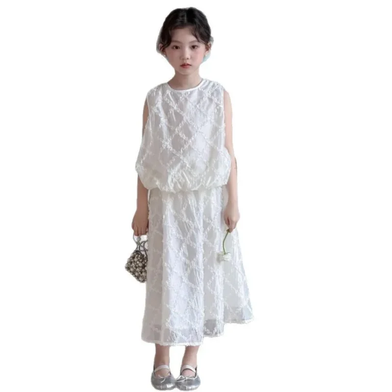 Ins Baby Girls Summer 2PCS Clothes Set Sweet Sleeveless Lace Argyle Tees Outfit Thin Two Layer Gauze Belle Girl Long Skirt Suits - Image 5
