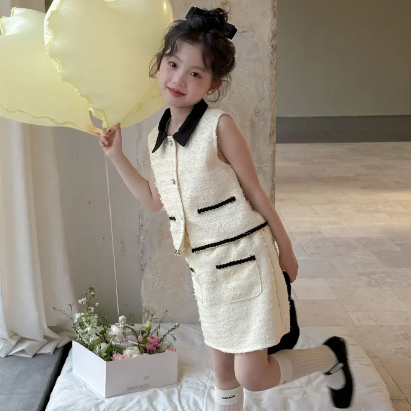 Little Girl Summer 2PCS Clothes Set Rich Girl Style Sleeveless Vest Top Coat Suit Half Baby Girl Skirt Outfit A Matching Clothes - Image 3