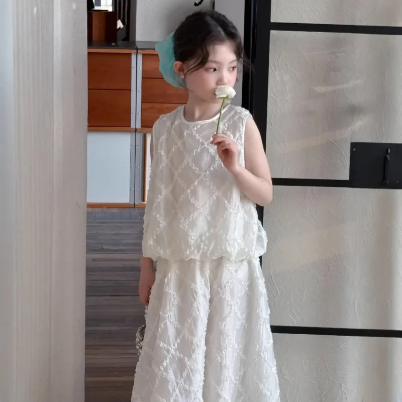 Ins Baby Girls Summer 2PCS Clothes Set Sweet Sleeveless Lace Argyle Tees Outfit Thin Two Layer Gauze Belle Girl Long Skirt Suits - Image 3