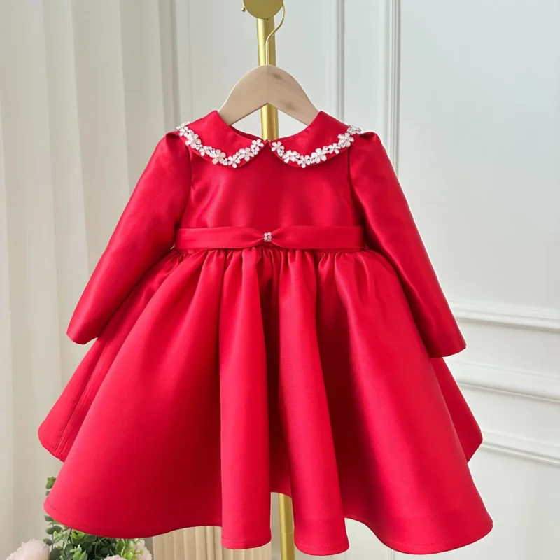 Girls party dress red flower kids clothes long-sleeved satin princess dresses light luxury - Image 6