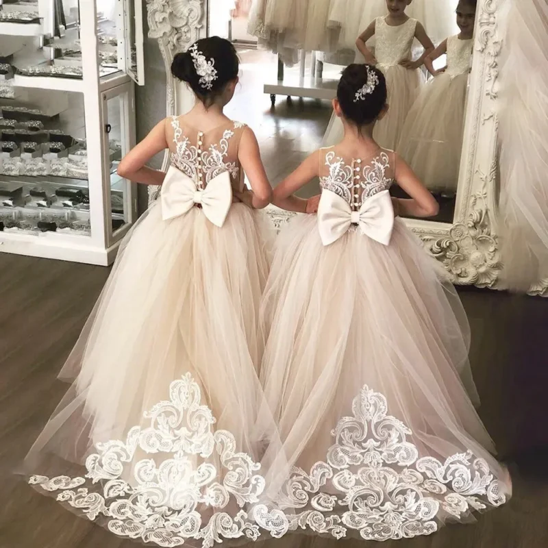 White Lace Child Flower Girl Dress Tulle Appliques Princess Floor Length for Wedding Party Baptism First Communion Gown - Image 17