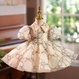 Jill Wish Champagne Flower Girl Dress Lace Puffy Sleeve Princess Toddler Kids Wedding 1st Birthday Pageant Party Ball Gown J470