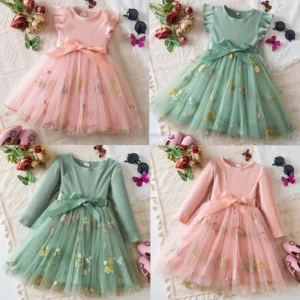 Kids Spring Clothes for Long Sleeves 2025 New Children's Floral Party Summer Mesh Dresses for Girls 1-5Y Baby Casual Costume