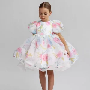 Flower Girls Summer Dresses for Wedding Backless Elegant Kids Birthday Party Gala Dress Puff Sleeve Children Communion Costumes