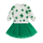Toddler Baby Girl St Patricks Day Dress Outfit Shamrock Clover Long Sleeve Sweatshirt Tulle Tutu Skirt Dress Clothes