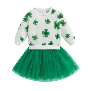 Toddler Baby Girl St Patricks Day Dress Outfit Shamrock Clover Long Sleeve Sweatshirt Tulle Tutu Skirt Dress Clothes