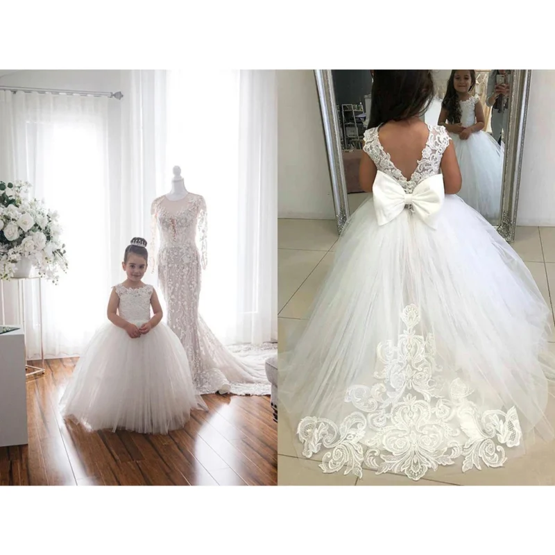 White Lace Child Flower Girl Dress Tulle Appliques Princess Floor Length for Wedding Party Baptism First Communion Gown - Image 2