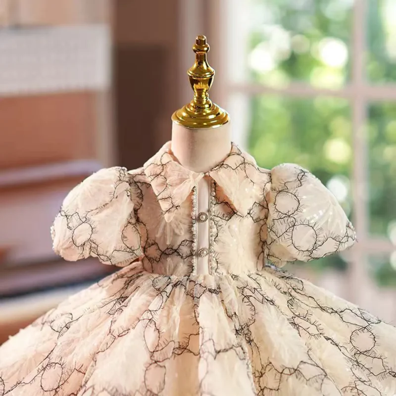 Jill Wish Champagne Flower Girl Dress Lace Puffy Sleeve Princess Toddler Kids Wedding 1st Birthday Pageant Party Ball Gown J470 - Image 3