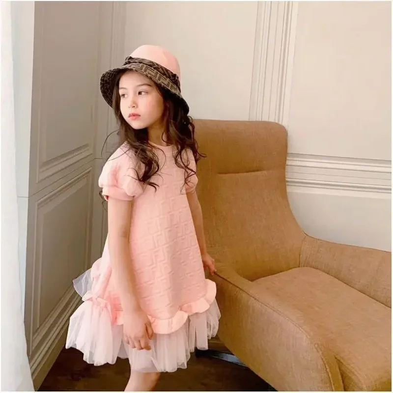 2023 spring and summer new children's girls pink foreign style big girls gauze short-sleeved dress princess skirt skirt - Image 3
