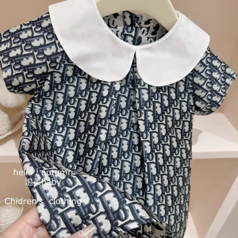 Children's Set Girls' Top High Set Series Girls' 2024 Summer Big Brand Feeling Doll Neck Jacquard Flip Collar Dress dresses - Image 2