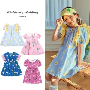 Korean Summer Girls' Dress 2025 New Casual Girls' Princess Dress Cute Sweet Strawberry Print Party Children's Dresses Clothes