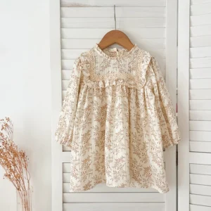 1-6Yrs Girls' Dress Floral Print Lace Girls' Cotton Dress 2025 Autumn New Flower Long Sleeved Sweet Children's Princess Dress