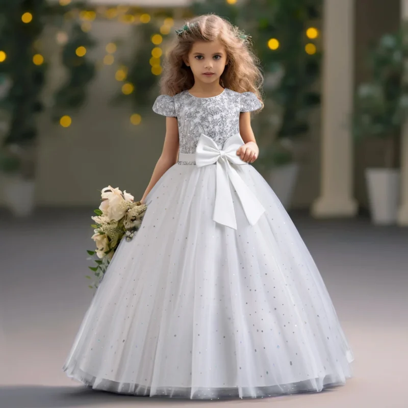Elegant Kids Dresses for Girls Wedding Children Bow Bridesmaid Prom Long Gown Princess Birthday Party Embroidery Vestidos 3-10 Y - Image 9