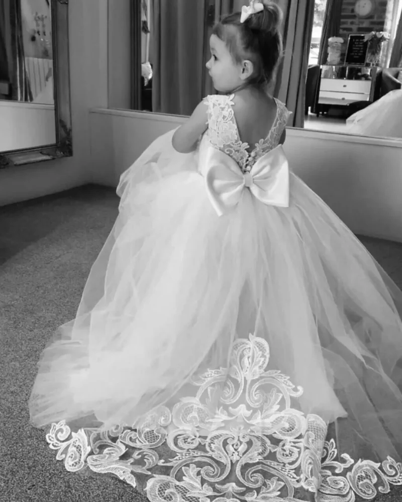 White Lace Child Flower Girl Dress Tulle Appliques Princess Floor Length for Wedding Party Baptism First Communion Gown - Image 13