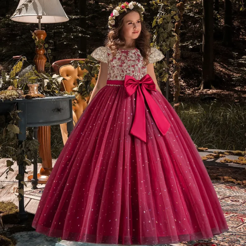 Elegant Kids Dresses for Girls Wedding Children Bow Bridesmaid Prom Long Gown Princess Birthday Party Embroidery Vestidos 3-10 Y - Image 4
