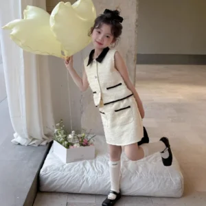 Little Girl Summer 2PCS Clothes Set Rich Girl Style Sleeveless Vest Top Coat Suit Half Baby Girl Skirt Outfit A Matching Clothes