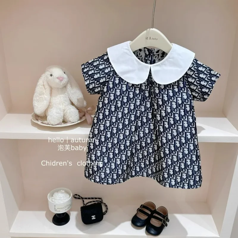 Children's Set Girls' Top High Set Series Girls' 2024 Summer Big Brand Feeling Doll Neck Jacquard Flip Collar Dress dresses - Image 4