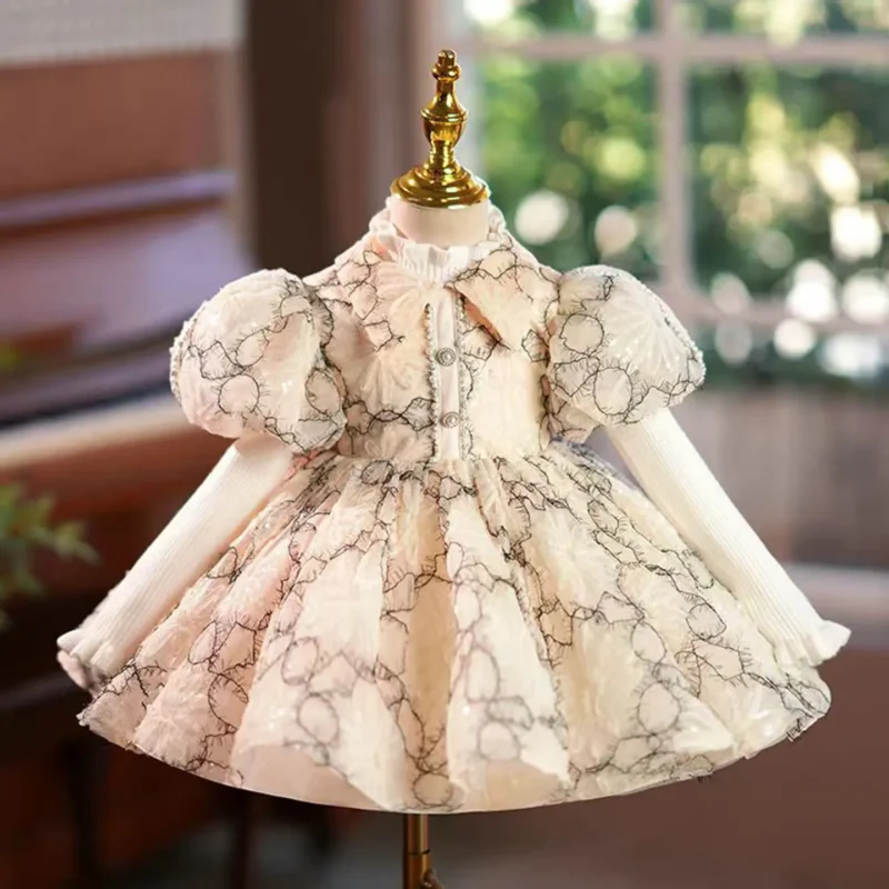 Jill Wish Champagne Flower Girl Dress Lace Puffy Sleeve Princess Toddler Kids Wedding 1st Birthday Pageant Party Ball Gown J470 - Image 5