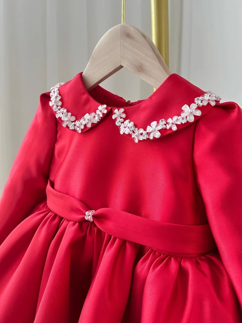 Girls party dress red flower kids clothes long-sleeved satin princess dresses light luxury - Image 2