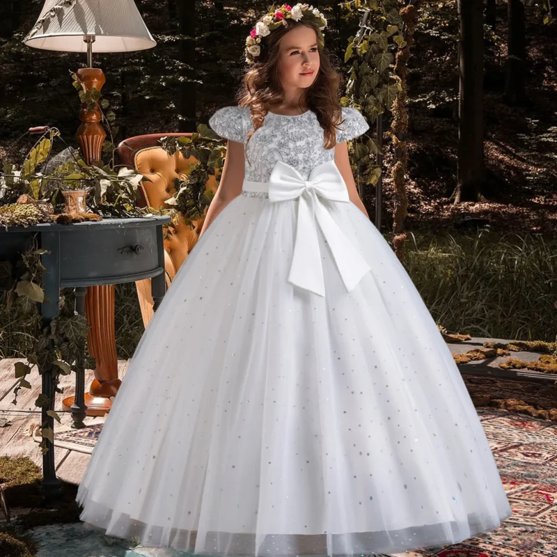 Elegant Kids Dresses for Girls Wedding Children Bow Bridesmaid Prom Long Gown Princess Birthday Party Embroidery Vestidos 3-10 Y - Image 2
