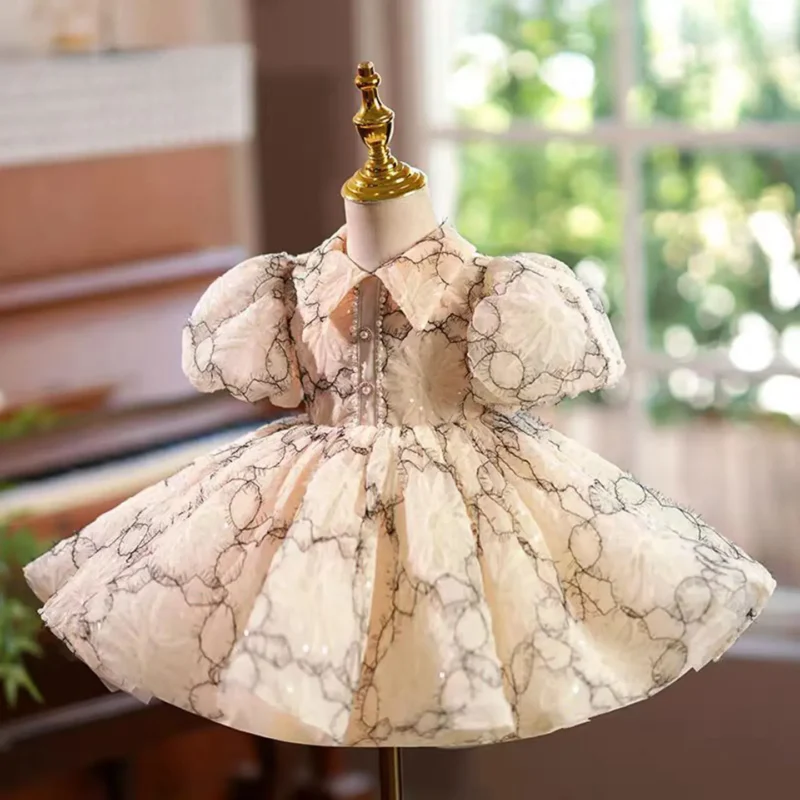 Jill Wish Champagne Flower Girl Dress Lace Puffy Sleeve Princess Toddler Kids Wedding 1st Birthday Pageant Party Ball Gown J470 - Image 2