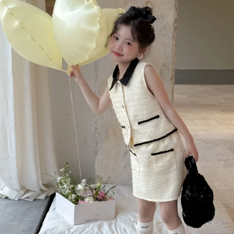 Little Girl Summer 2PCS Clothes Set Rich Girl Style Sleeveless Vest Top Coat Suit Half Baby Girl Skirt Outfit A Matching Clothes - Image 4