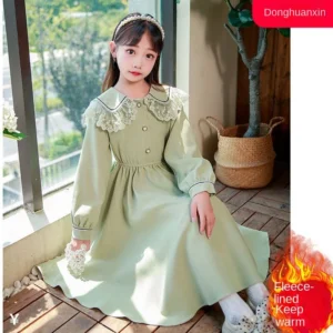 College Style Large Children's fleece-lined Fashion Princess New Spring and Autumn Girls' Long Dress