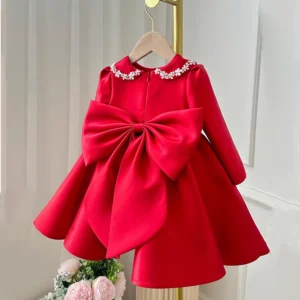 Girls party dress red flower kids clothes long-sleeved satin princess dresses light luxury