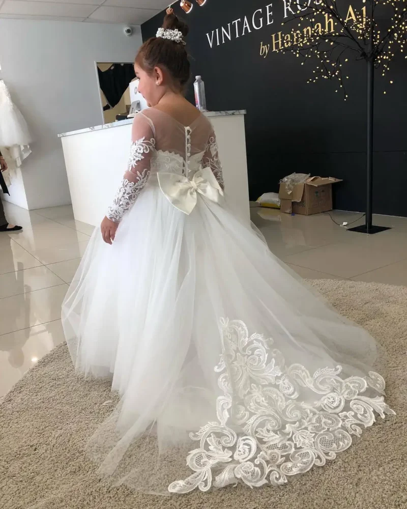 White Lace Child Flower Girl Dress Tulle Appliques Princess Floor Length for Wedding Party Baptism First Communion Gown - Image 15