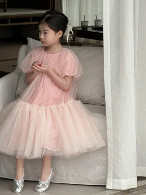 Childrens Dress 2025 Summer Short Sleeve Gauze Pink Kids Girls Princess Dress Bubble Sleeves Fluffy Girls Birthday Dress