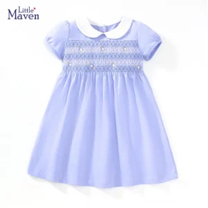 Little maven 2024 Kids Clothes Summer Princess Blue Dress for toddler Girls Children’s Clothes Cartoon Embroidery Flowers Cotton