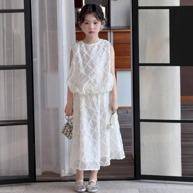 Ins Baby Girls Summer 2PCS Clothes Set Sweet Sleeveless Lace Argyle Tees Outfit Thin Two Layer Gauze Belle Girl Long Skirt Suits - Image 2