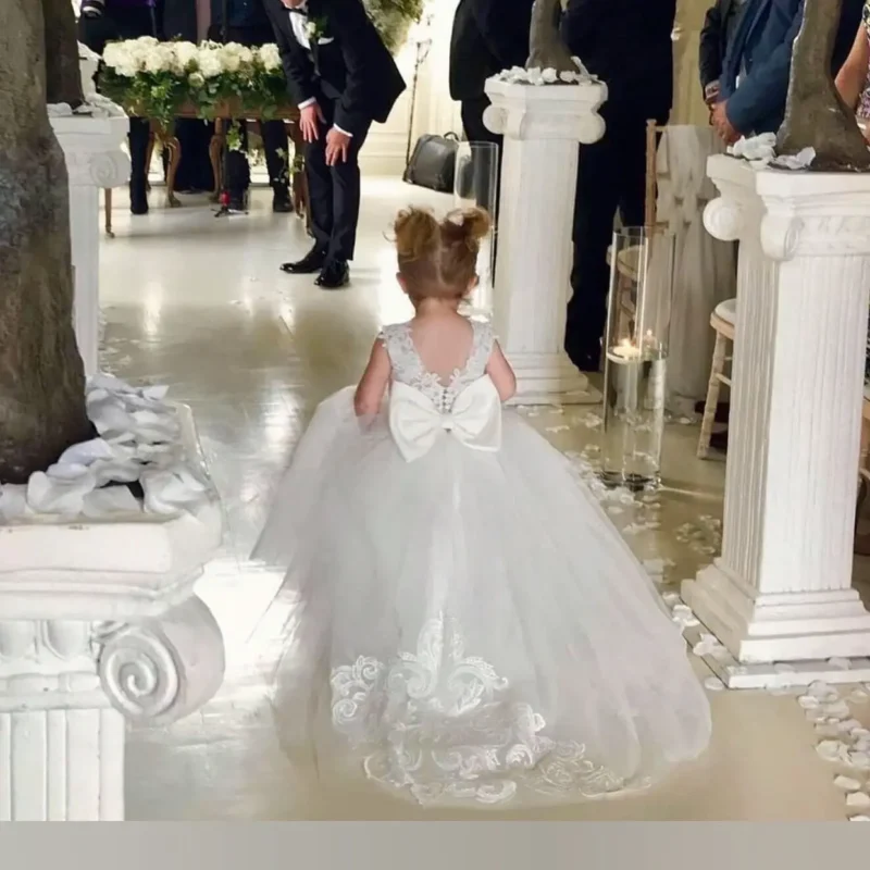 White Lace Child Flower Girl Dress Tulle Appliques Princess Floor Length for Wedding Party Baptism First Communion Gown - Image 4