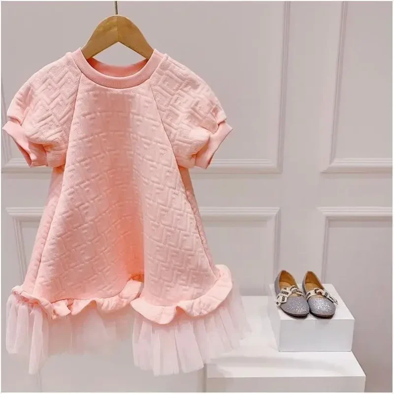 2023 spring and summer new children's girls pink foreign style big girls gauze short-sleeved dress princess skirt skirt - Image 2