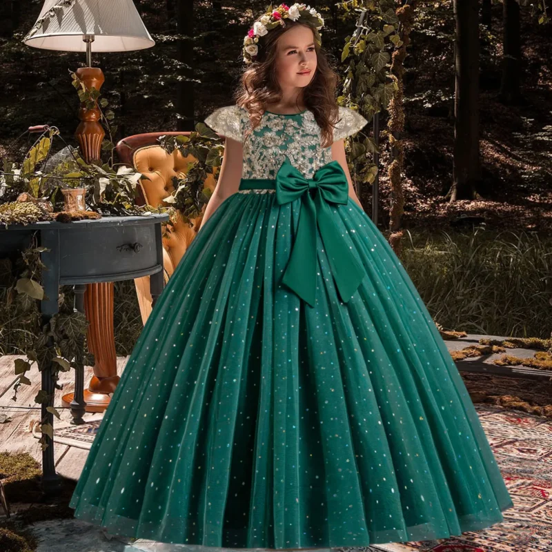 Elegant Kids Dresses for Girls Wedding Children Bow Bridesmaid Prom Long Gown Princess Birthday Party Embroidery Vestidos 3-10 Y - Image 3