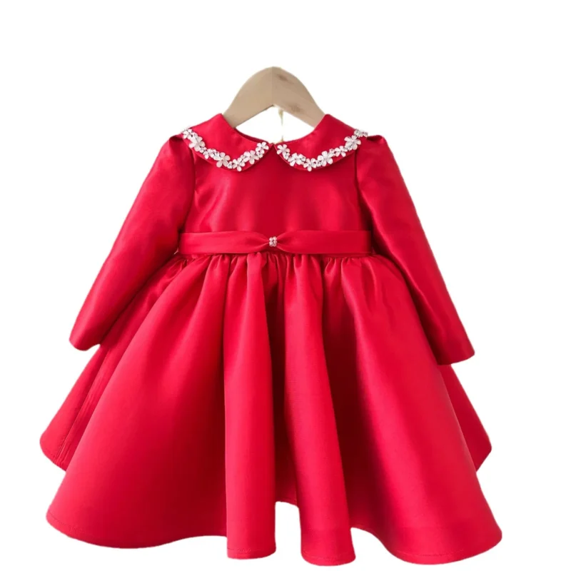 Girls party dress red flower kids clothes long-sleeved satin princess dresses light luxury - Image 5