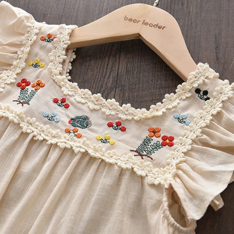Bear Leader Girls Flower Embroidered Dress Summer Retro Flying Sleeve Princess Dresses Children Casual Clothes Fashion 2-6 Years - Image 3