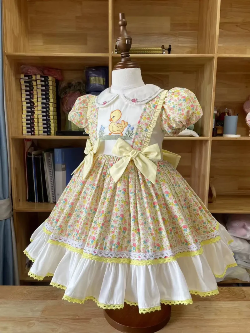 0-12Y Girl Summer Yellow Floral Duck Embroidery Turkish Vintage Lolita Princess Ball Gown Dress for Birthday Holiday Eid - Image 2