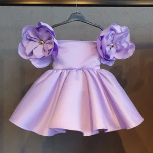 Girl Satin Face Tulle Petal Sleeve Dress Children Vestido Vintage Solid Color Wedding Birthday Party Princess Dress Kid Clothes