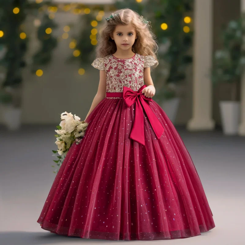 Elegant Kids Dresses for Girls Wedding Children Bow Bridesmaid Prom Long Gown Princess Birthday Party Embroidery Vestidos 3-10 Y - Image 7