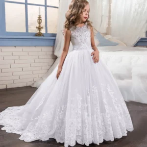 Tailing Girls Formal Dress White Bridesmaid Kids Clothes Children Long Princess Party Wedding Evening Costume 12 13 14 Years