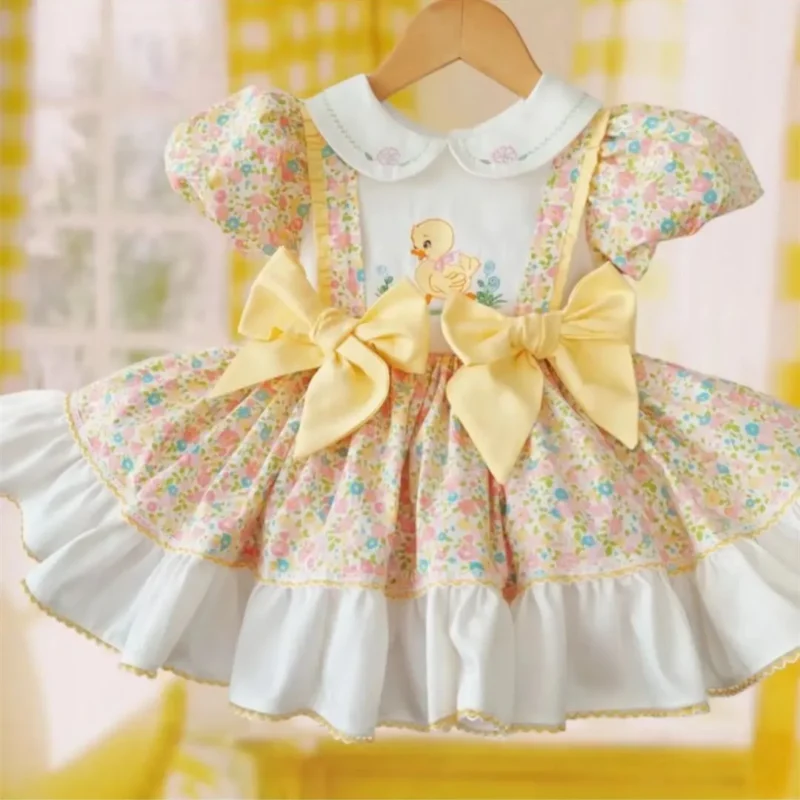 0-12Y Girl Summer Yellow Floral Duck Embroidery Turkish Vintage Lolita Princess Ball Gown Dress for Birthday Holiday Eid