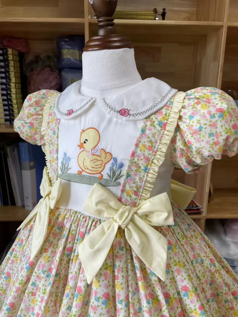 0-12Y Girl Summer Yellow Floral Duck Embroidery Turkish Vintage Lolita Princess Ball Gown Dress for Birthday Holiday Eid - Image 3