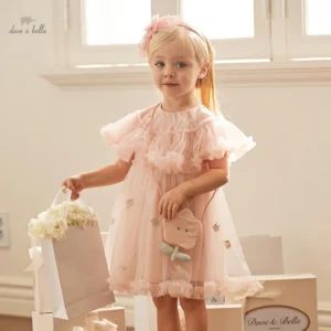 Dave Bella Girl's Princess Dress 2025 New Summer Children's Baby Pink Mesh Wallet Fashion Cute Sweet Charm Party DB2240416