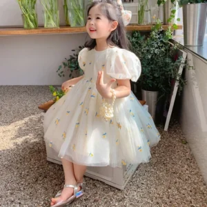 Summer Girls Flower Mesh Princess Dress Kids Cute Puff Short Sleeve Dresses for Girls Korean Clothing Children Dress For 1-6T